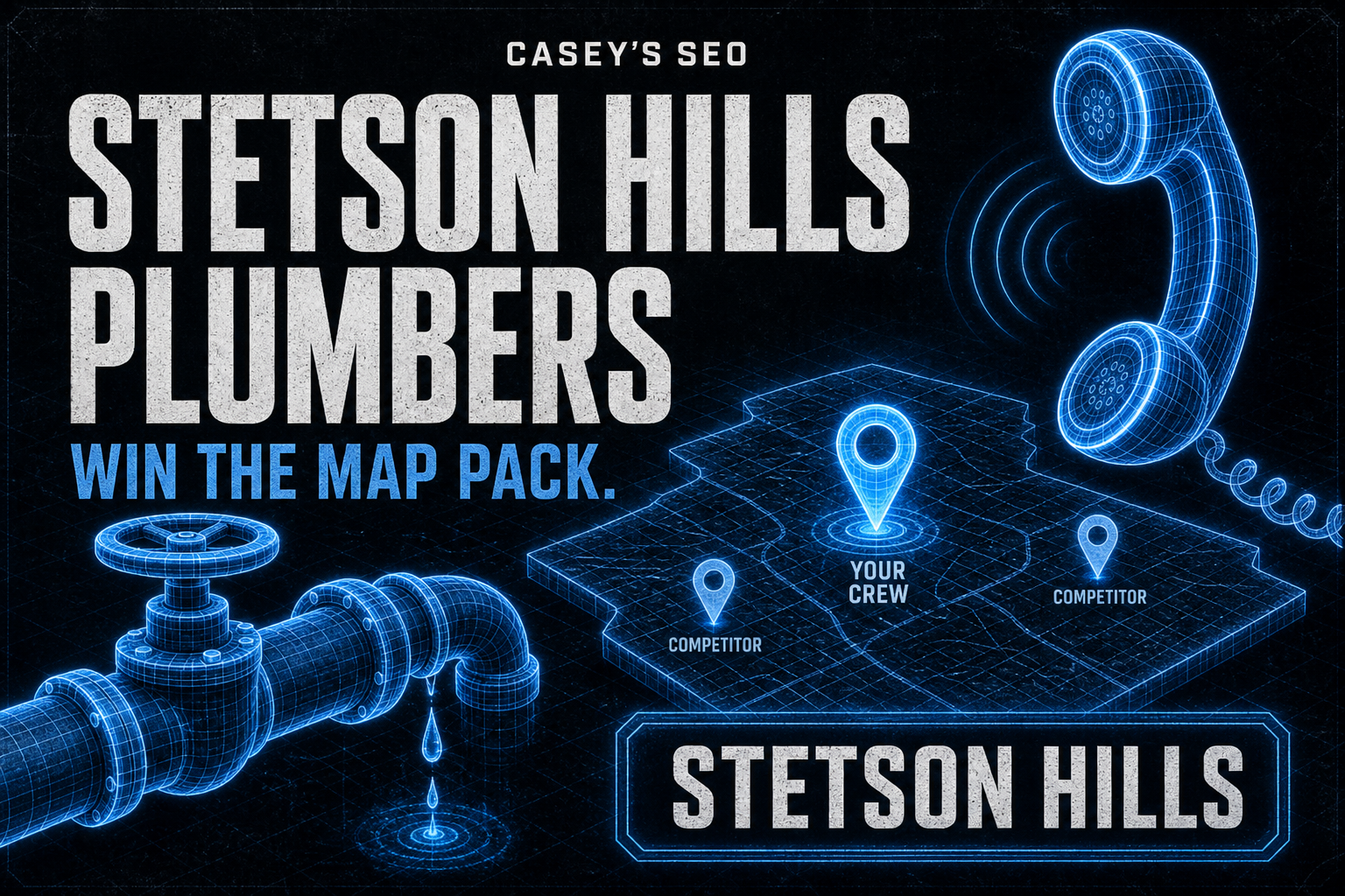 Digital illustration of plumbing pipes and a phone with location pins on a grid map showing competitors and crew positions.
