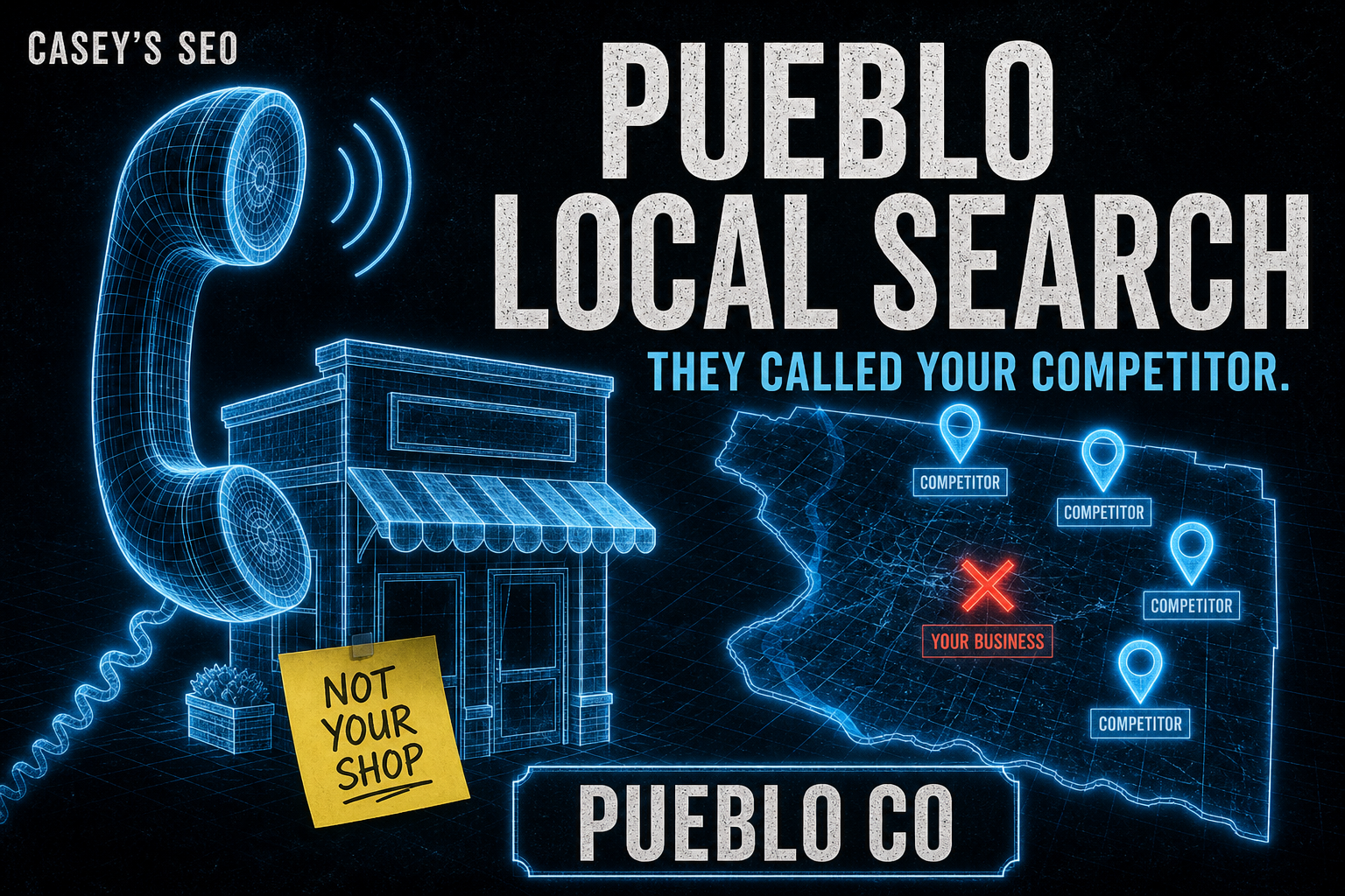 Neon illustration of a vintage telephone and storefront next to a Colorado map showing competitors' locations around a marked business position.