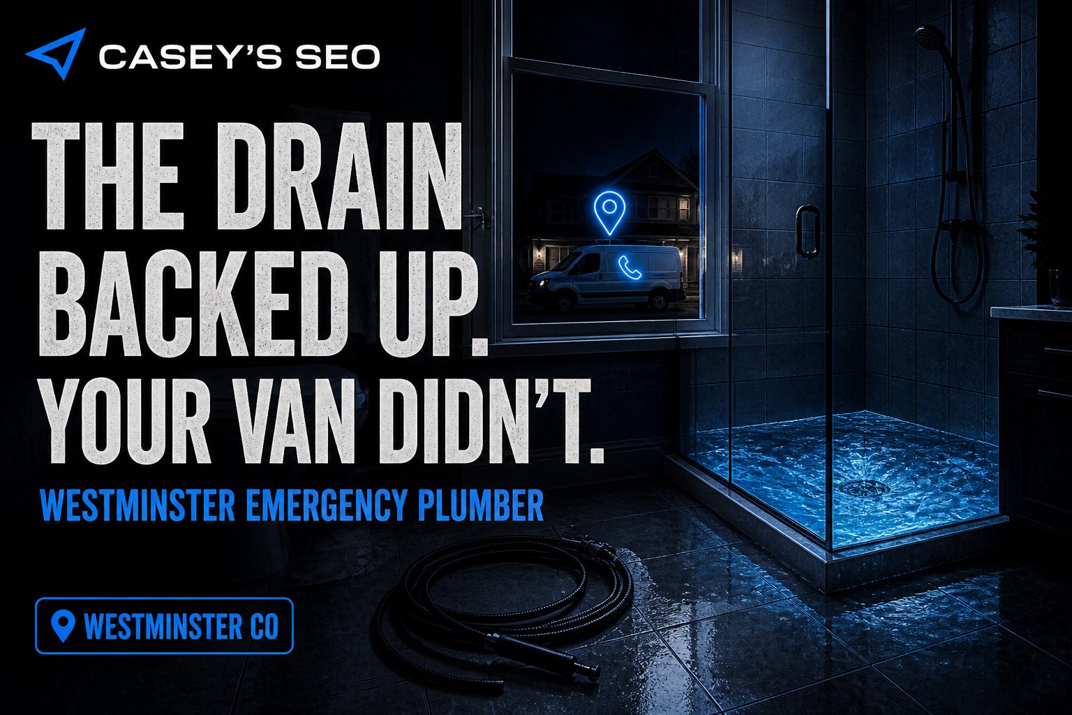 Modern bathroom with flooded floor, plumbing hose, and a service van visible through the window at night with neon icons.