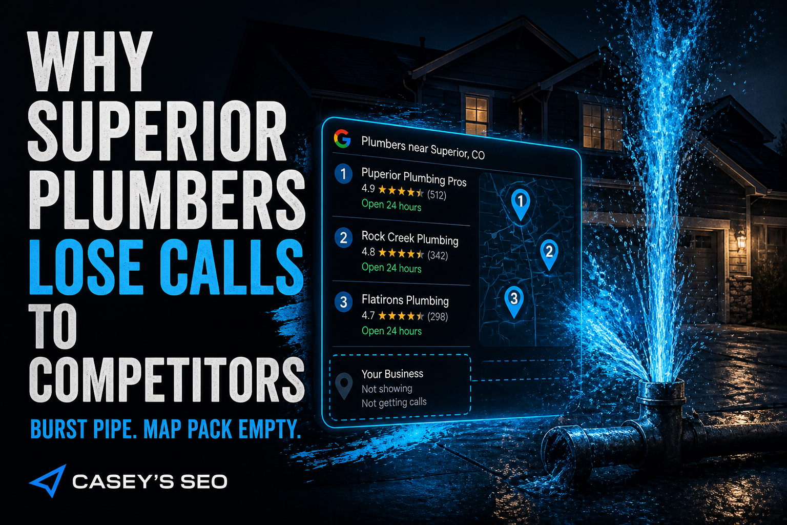 Google Maps search results for plumbers near Superior, CO showing three highly-rated businesses on a mobile device, with a burst pipe spraying water in the