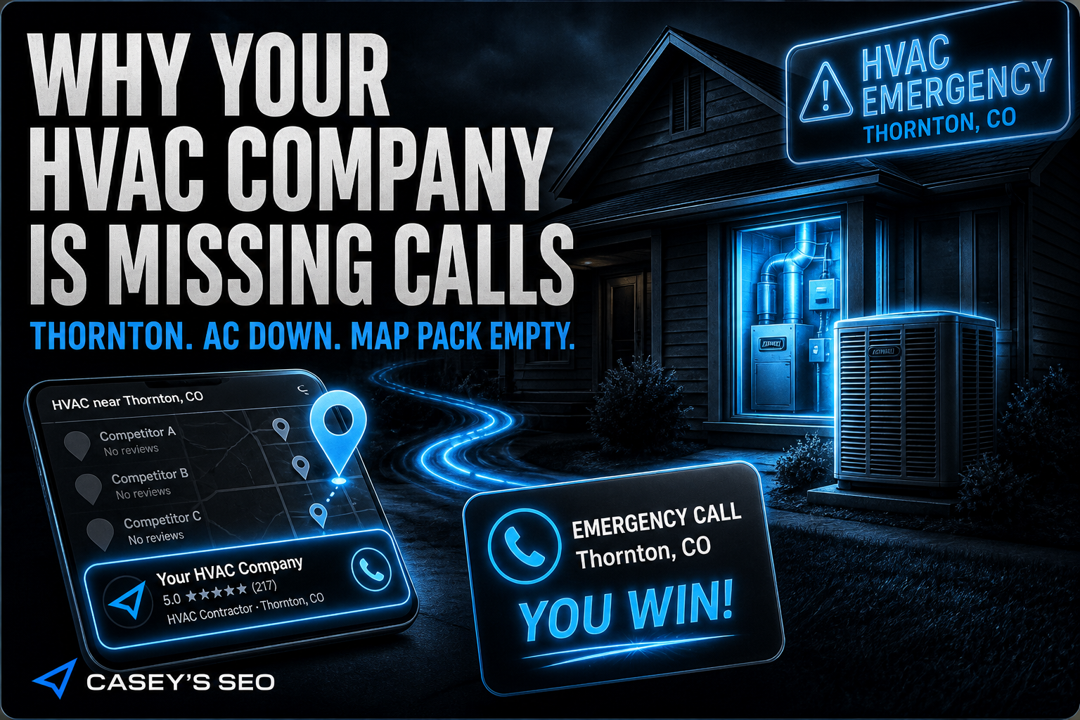 Nighttime house with glowing HVAC unit and neon sign showing search results map with competitor listings and a phone icon labeled 'You Win!