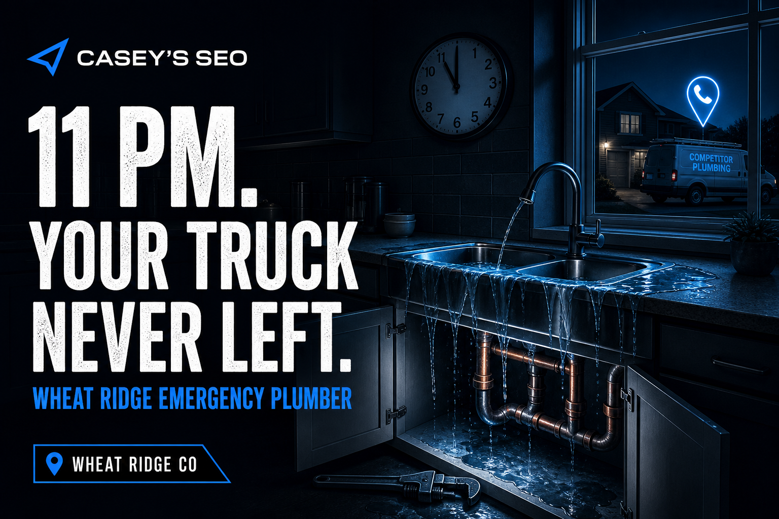 Kitchen sink with water running, copper pipes underneath, clock on wall showing 11pm, plumbing truck visible through window at night.