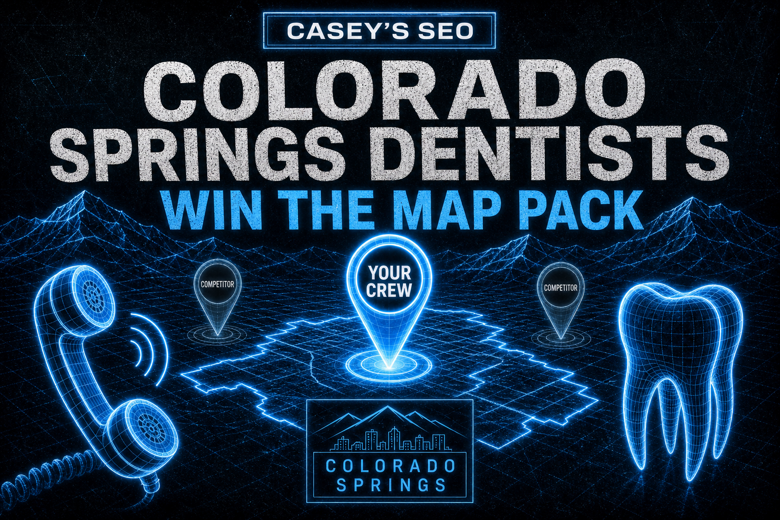 Digital map interface showing Colorado Springs skyline with glowing location pins, a central crew marker, competitor markers, phone and tooth icons.