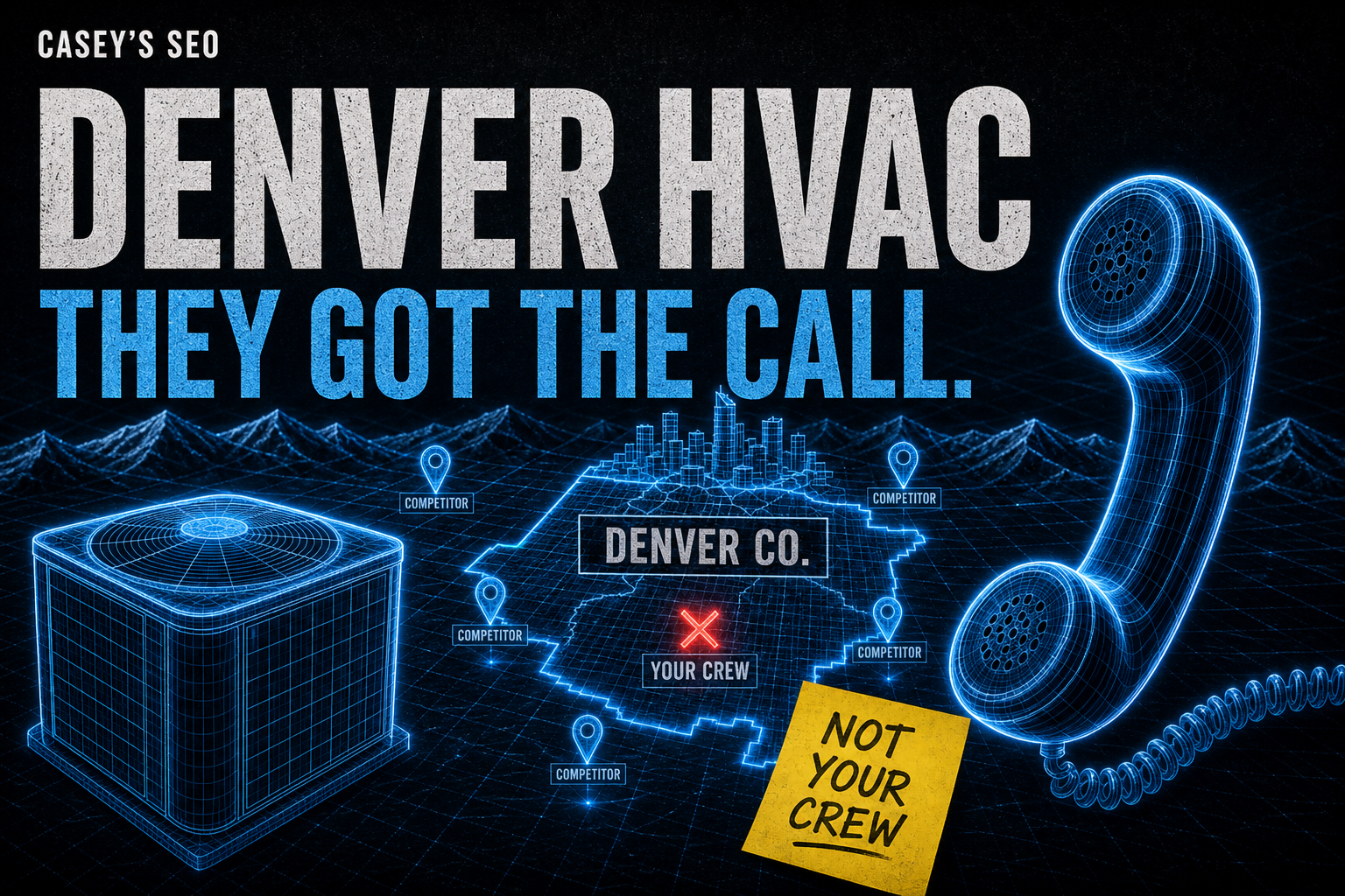 Digital illustration of an HVAC unit and telephone with a Colorado map showing competitors surrounding a central location marked 'Your Crew'.