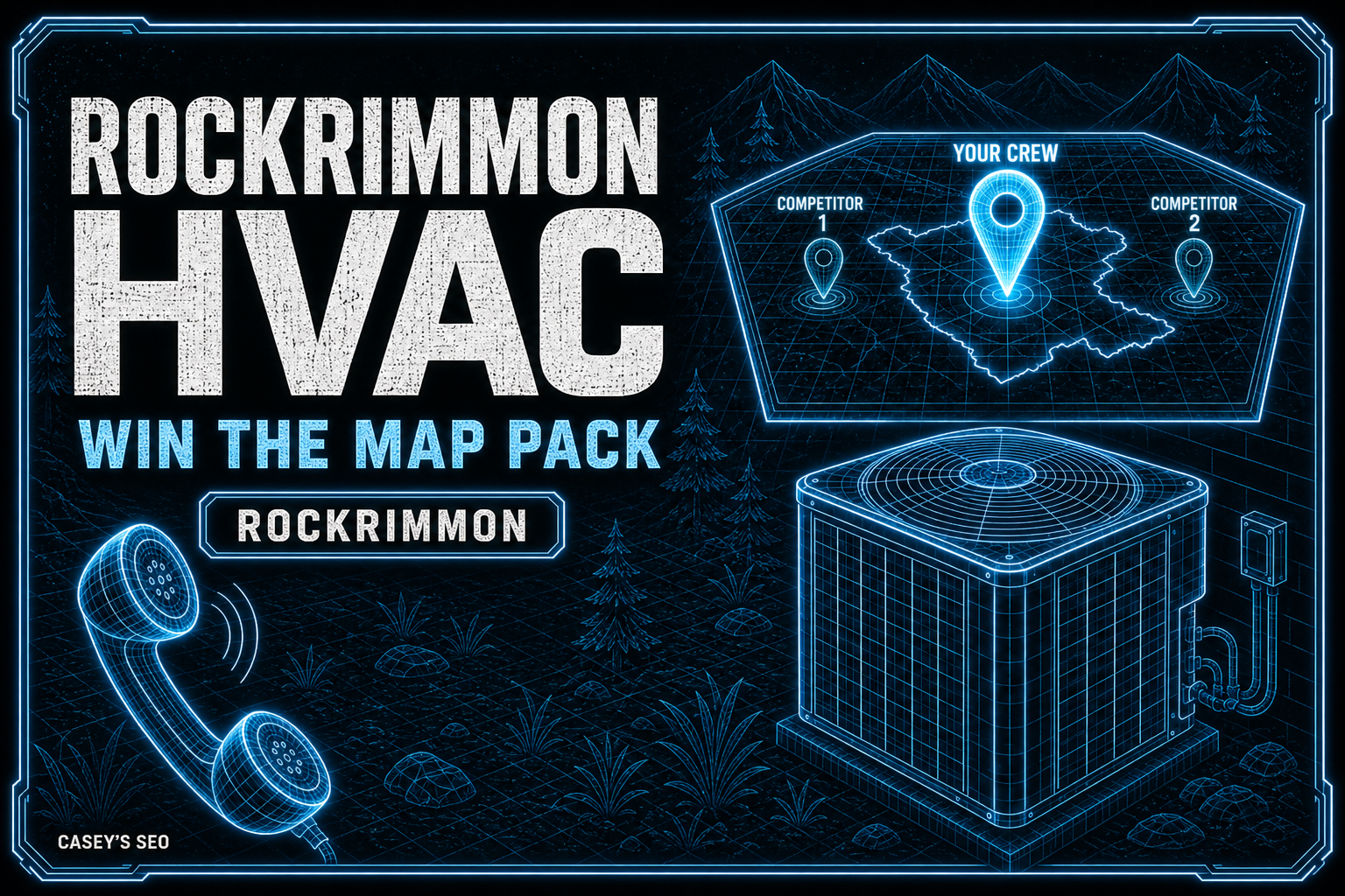 Futuristic blue neon interface showing a map with three competitor location pins and an HVAC unit diagram against a dark forest background.
