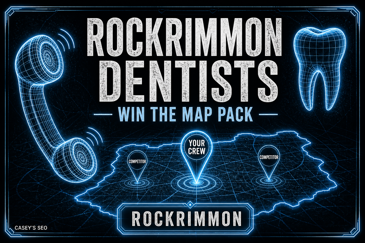 Digital map of Rockrimmon with blue neon location pins marking your crew and competitors, flanked by glowing tooth wireframes.