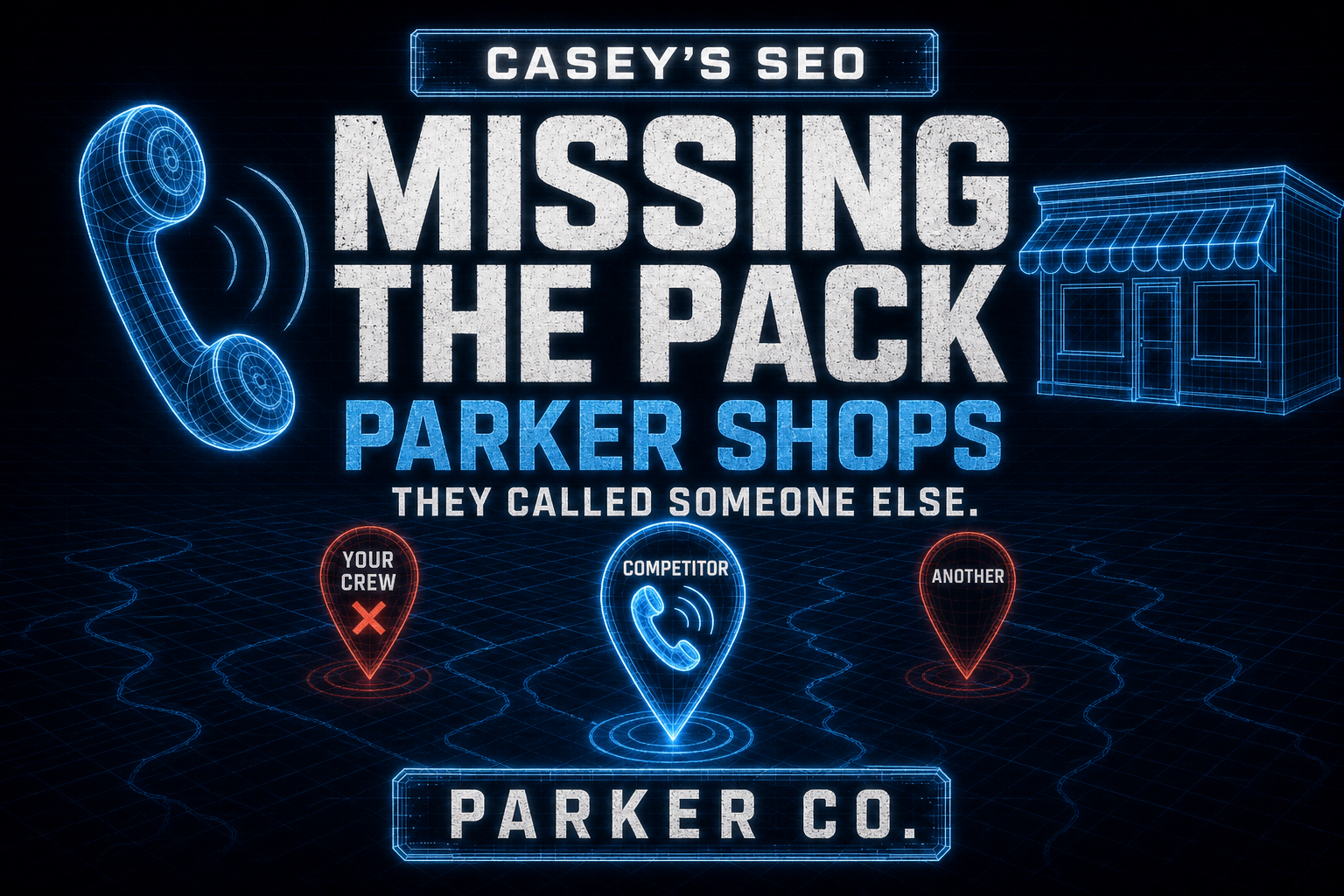 Digital illustration showing three location pins on a map with a phone icon, storefront, and telephone symbol representing local business competition and SEO