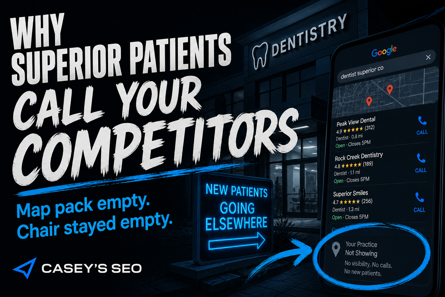 Google search results showing three dental practices with ratings and call buttons; a phone overlay displays "Your Practice Not Showing" with text "No