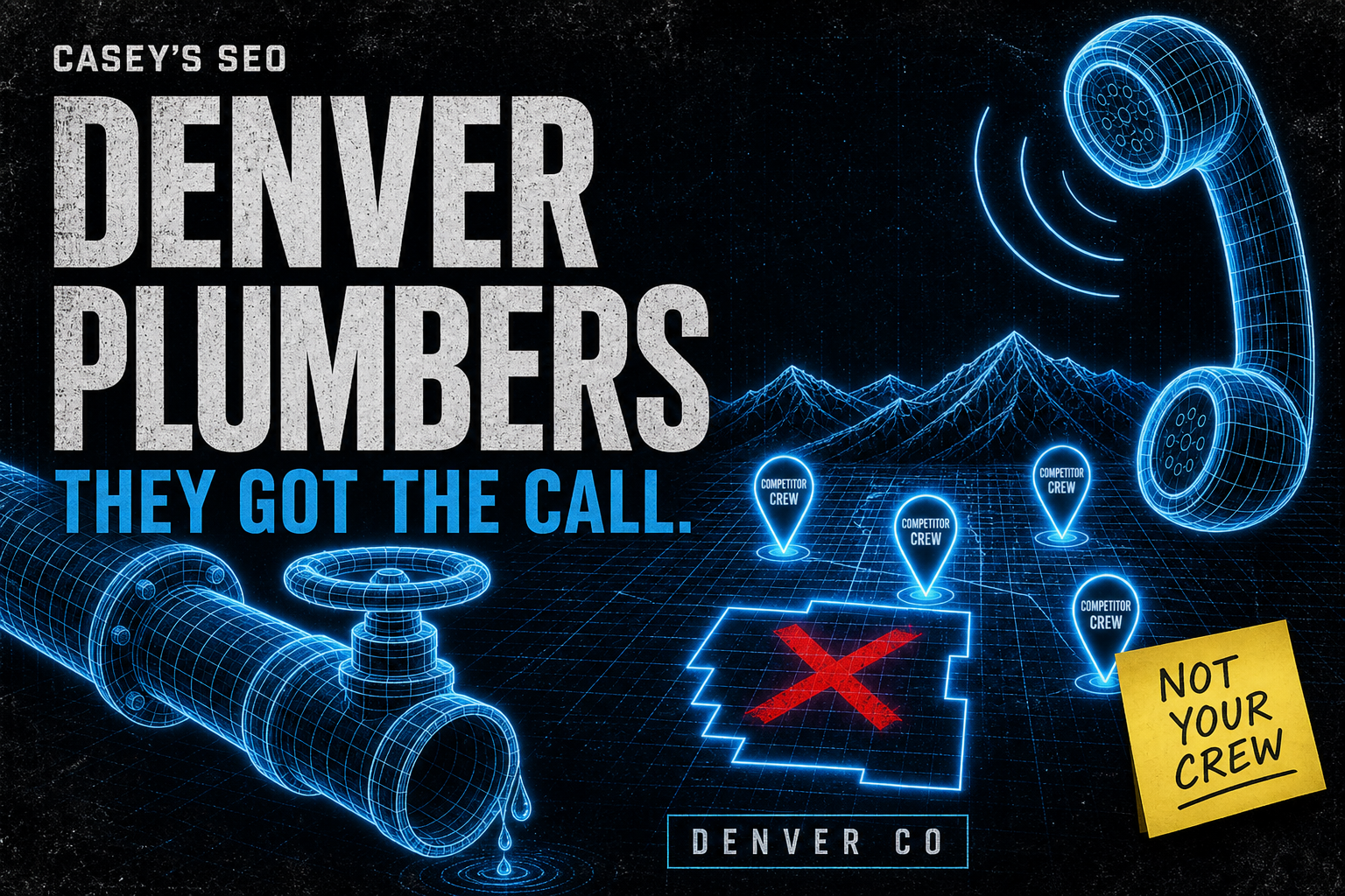 Neon-styled graphic showing plumbing pipes, a valve, and phone icons with an X mark and yellow sticky note reading 'NOT YOUR CREW' against a dark background.