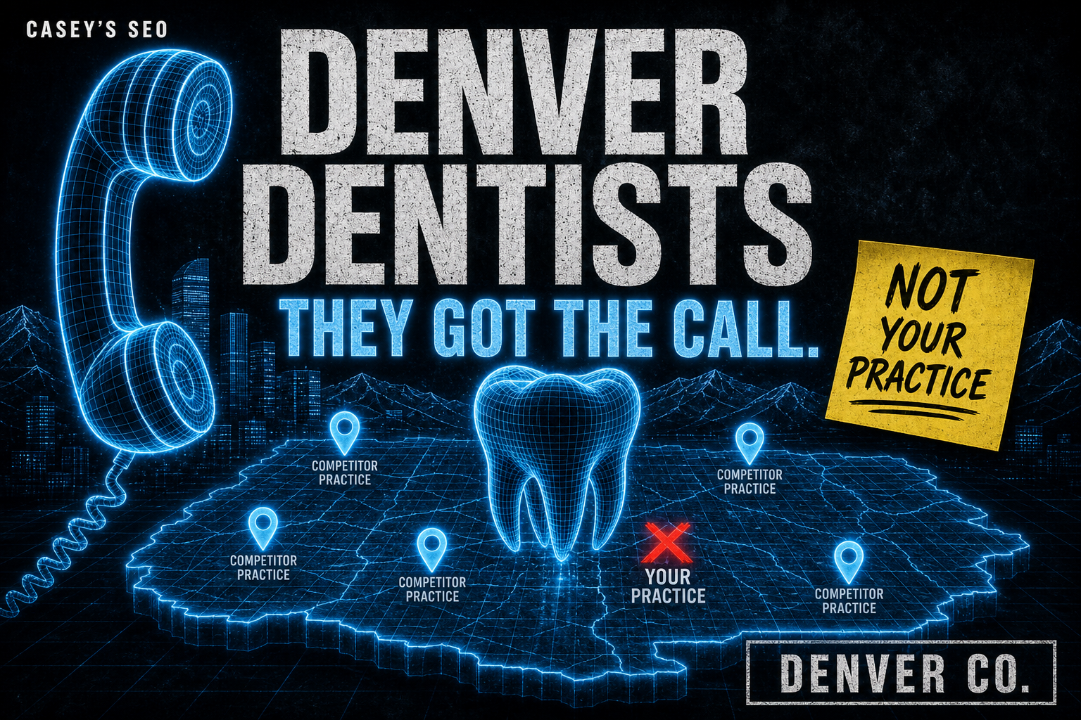 Digital map of Colorado with a glowing tooth icon in the center, surrounded by competitor practice markers and a telephone icon, with a sticky note reading