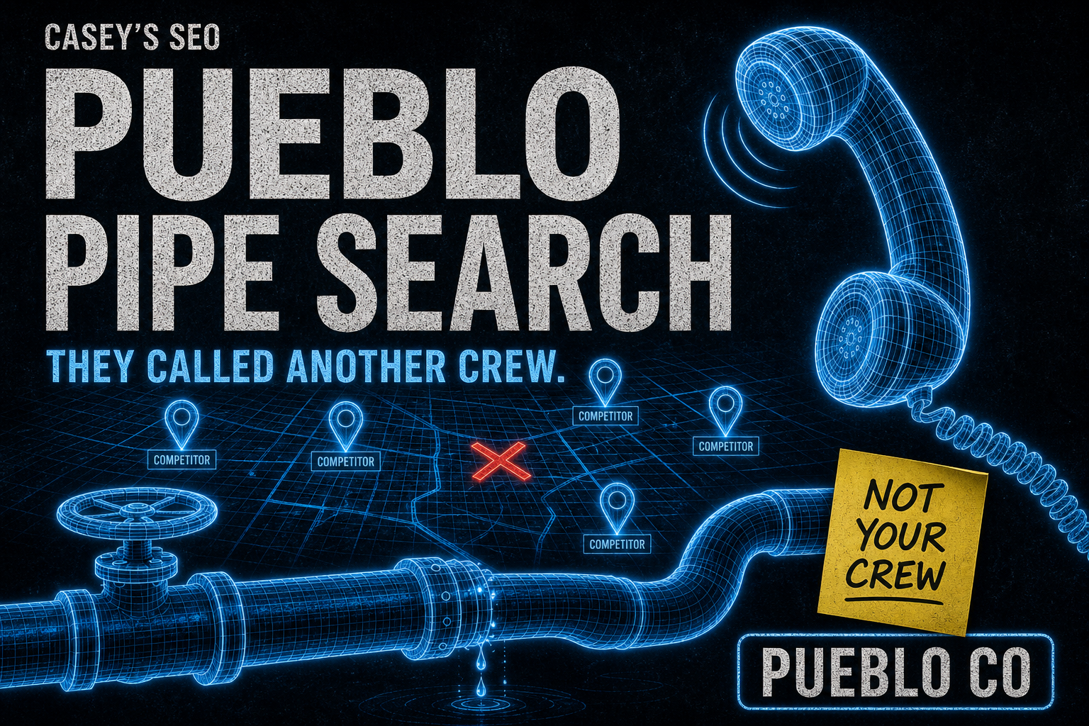 Digital illustration of a plumbing system with pipes, valves, and a vintage telephone, showing competitor locations marked on a map overlay.