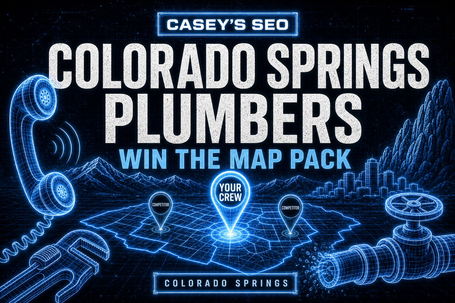Neon blue digital map interface showing plumbing tools, pipes, and location pins marked with 'Your Crew' and 'Competitor' labels against a futuristic landscape.