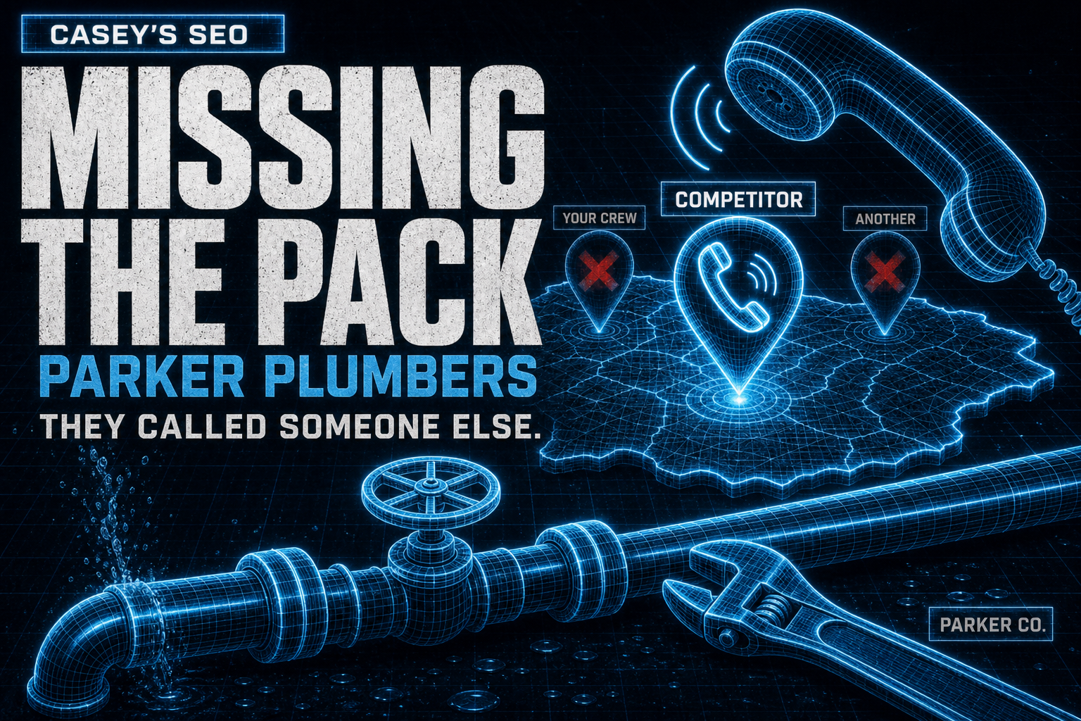 Digital wireframe illustration of a phone with a wrench, plumbing pipe, and three location markers on a map showing competitor positions.