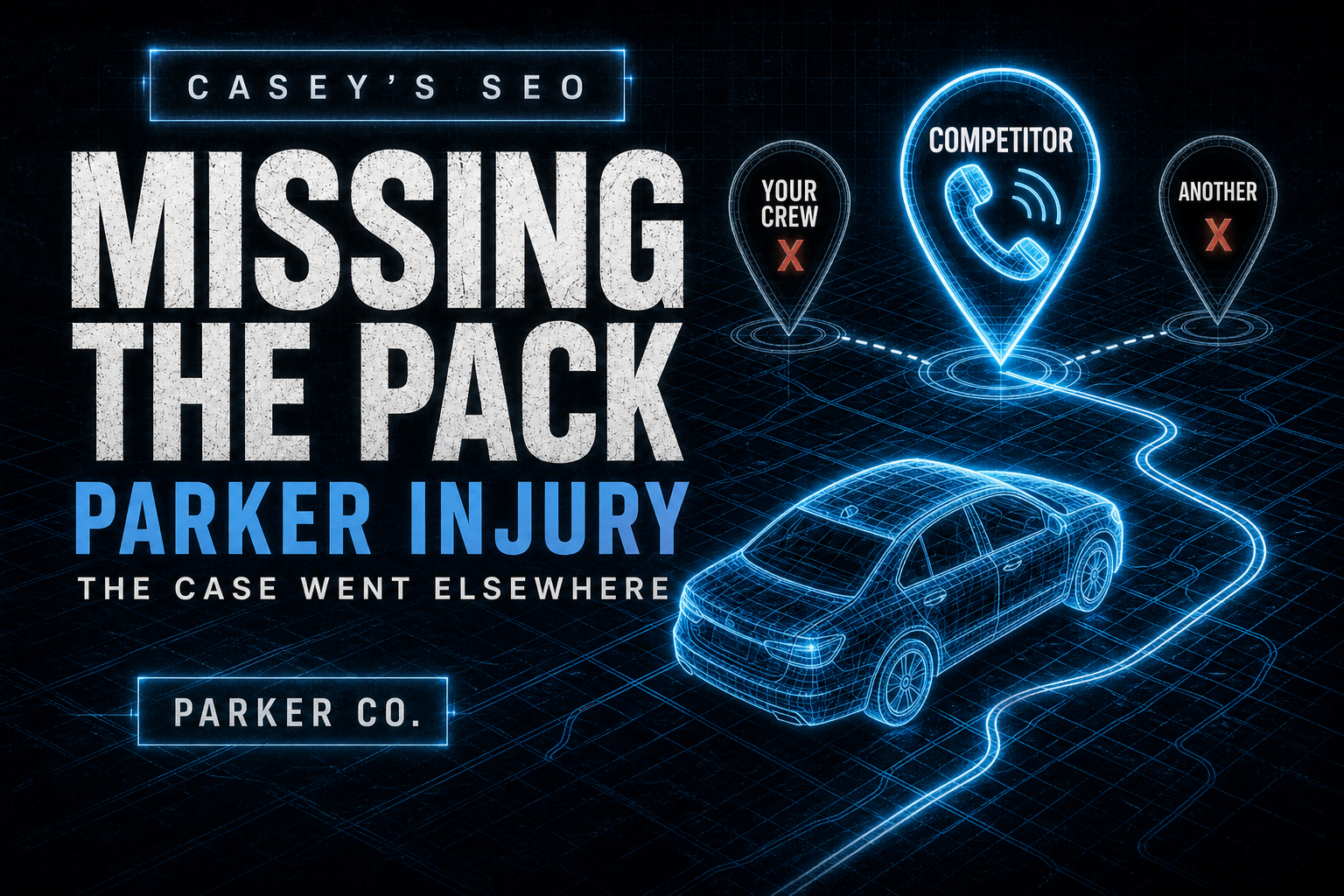 Digital map visualization showing a car with three location pins labeled Your Crew, Competitor, and Another, connected by glowing blue paths on a grid