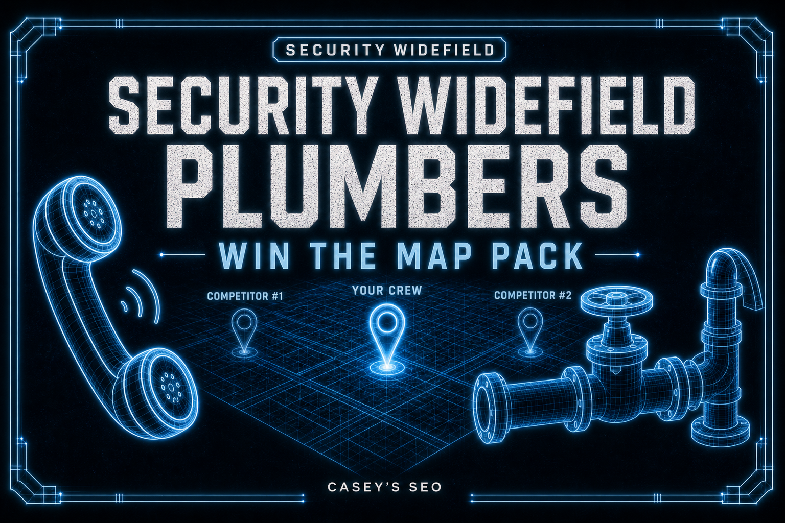 Digital wireframe illustration of plumbing pipes and fixtures with three location pins on a grid, representing a competition between crews.