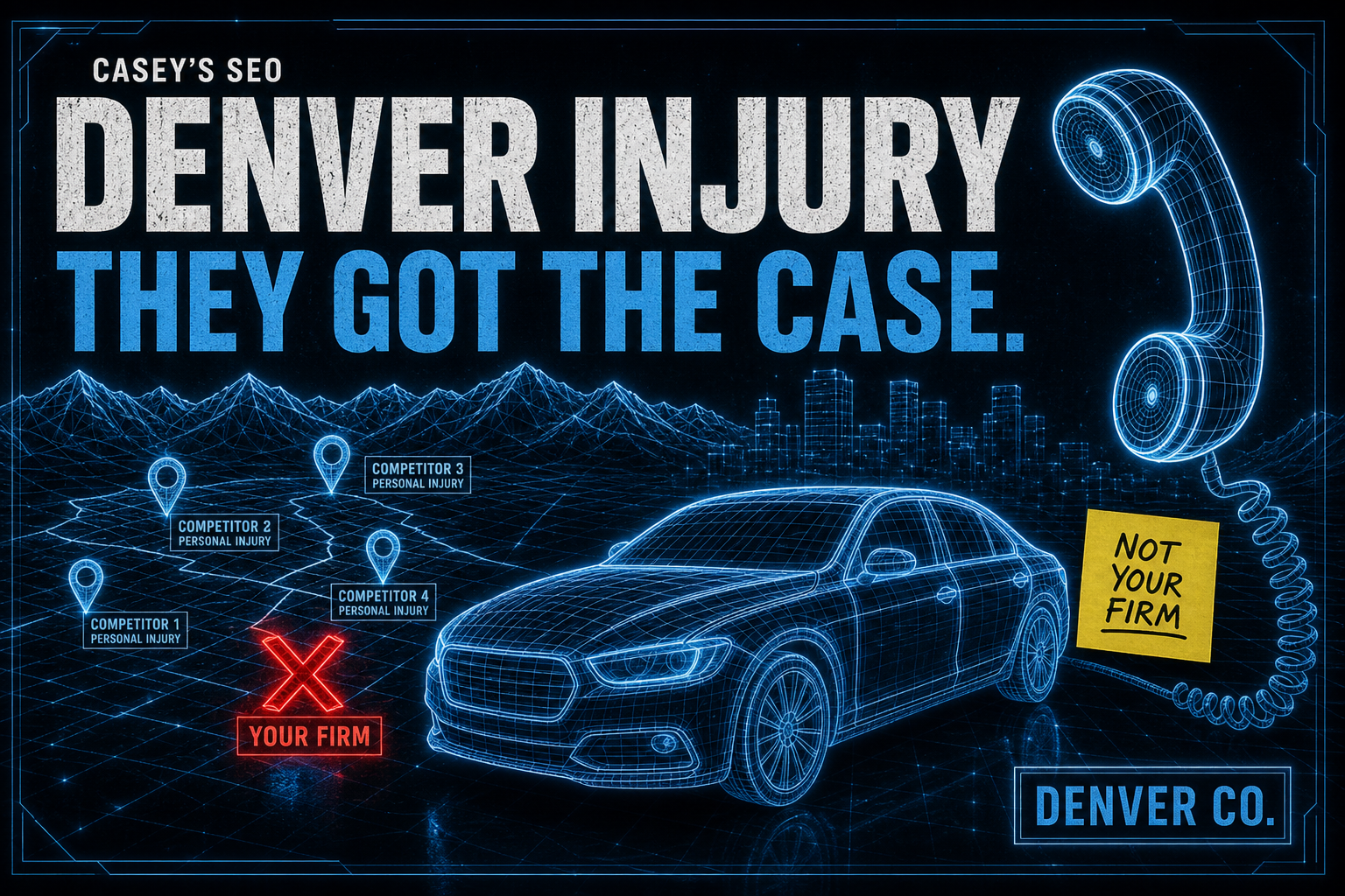 Digital illustration showing a wireframe car surrounded by location pins marking competitor personal injury law firms, with a red X on your firm and a yellow