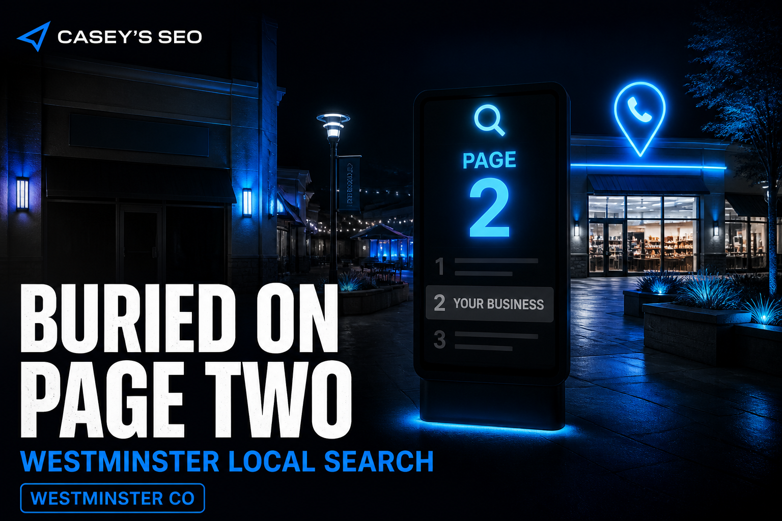 Nighttime street scene with a digital kiosk displaying page two of search results, neon signage, and a storefront in the background.