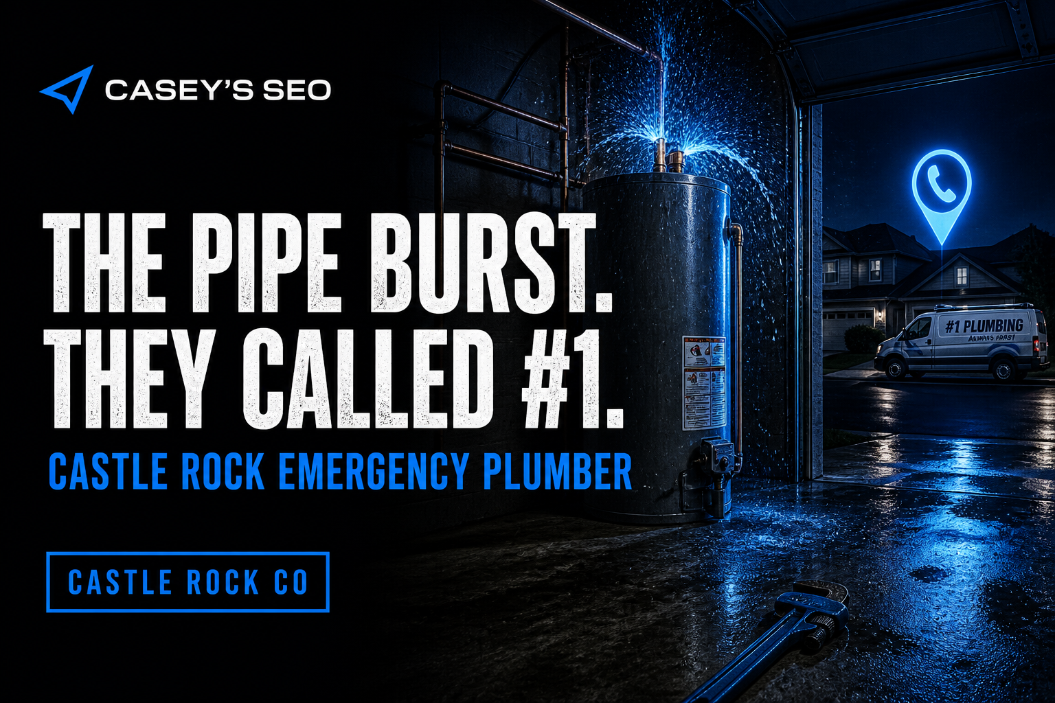 A burst pipe sprays water from an industrial tank at night, with a plumbing van and phone location icon visible in the background.