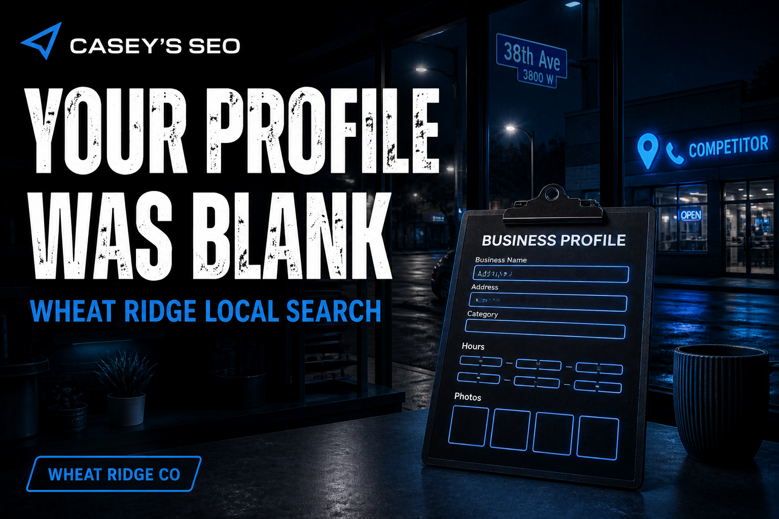 A nighttime storefront displays a business profile clipboard with blank fields for name, address, category, hours, and photos.