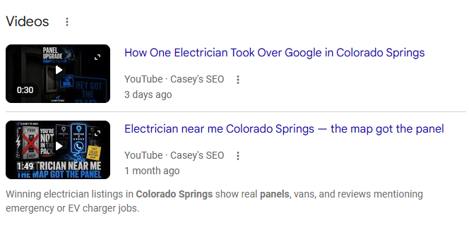 Google Videos and AI Overview: Casey's SEO for panel upgrade SEO Colorado Springs