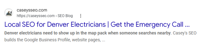 Google result: caseysseo.com ranking #2 for local SEO for Denver electrician