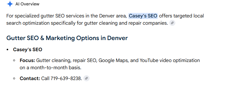 Google AI Overview: Casey's SEO for Denver SEO company for gutters