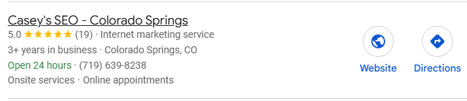 Google Maps result: Casey's SEO Colorado Springs at #2 for SEO for AC repair in Colorado Springs