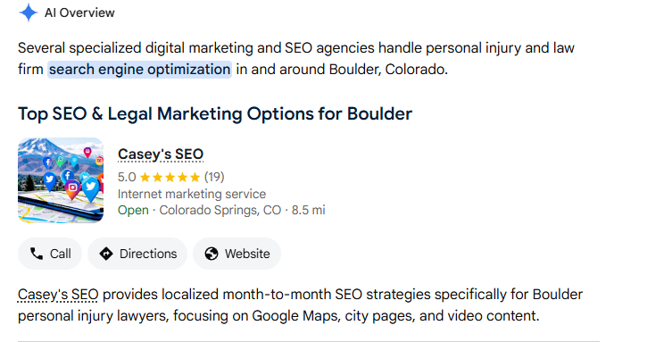 Google AI Overview and organic #3: Boulder personal injury lawyer SEO company — Casey's SEO