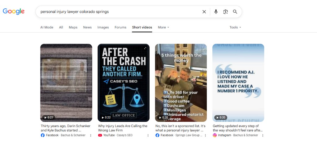 Google Short videos results for personal injury lawyer Colorado Springs including a Casey's SEO YouTube Short