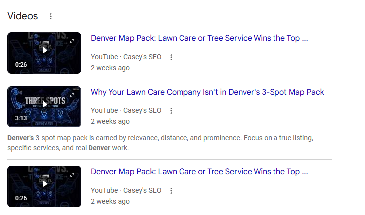 Google Videos: Casey's SEO YouTube videos for local SEO for Denver landscaper