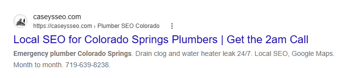Google result for plumber SEO Colorado Springs