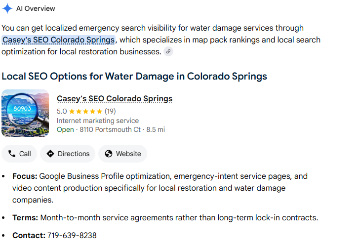 AI Overview for local SEO company in Colorado Springs for water damage
