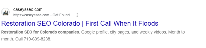 Google result: caseysseo.com ranking #6 for Denver SEO company for restoration