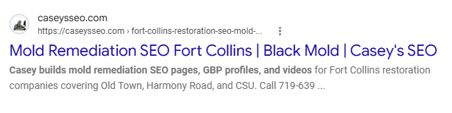 Google result: caseysseo.com ranking #1 for mold removal SEO company in Fort Collins