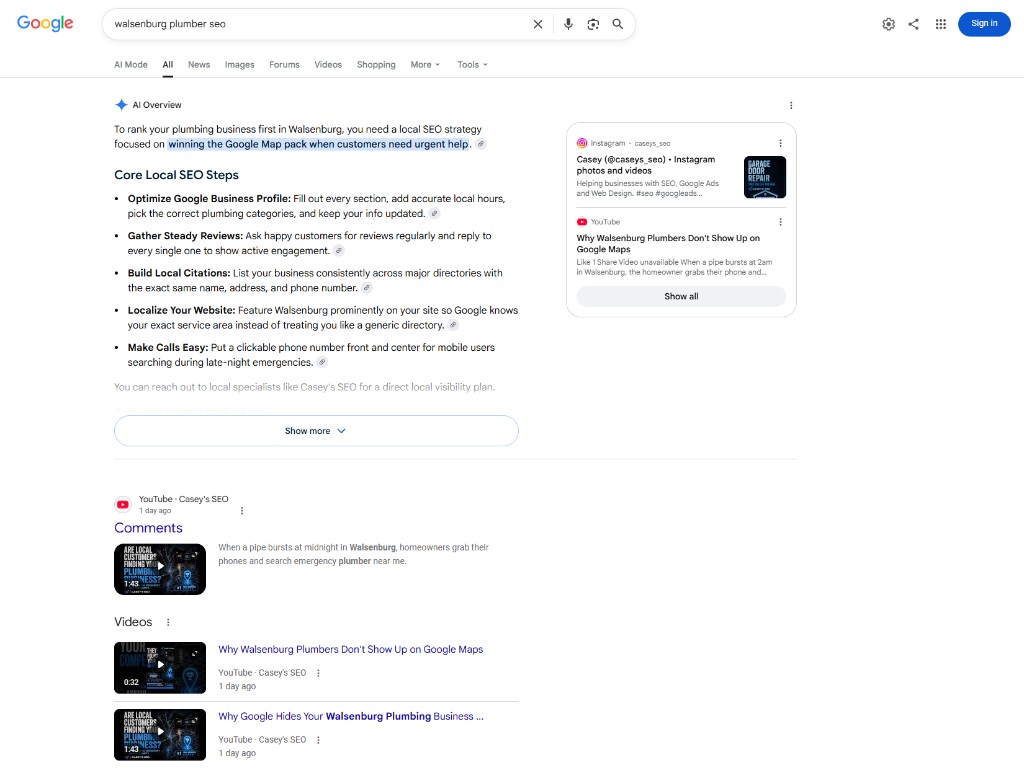 Google results for walsenburg plumber seo showing Casey's SEO in AI Overview, YouTube, and Instagram